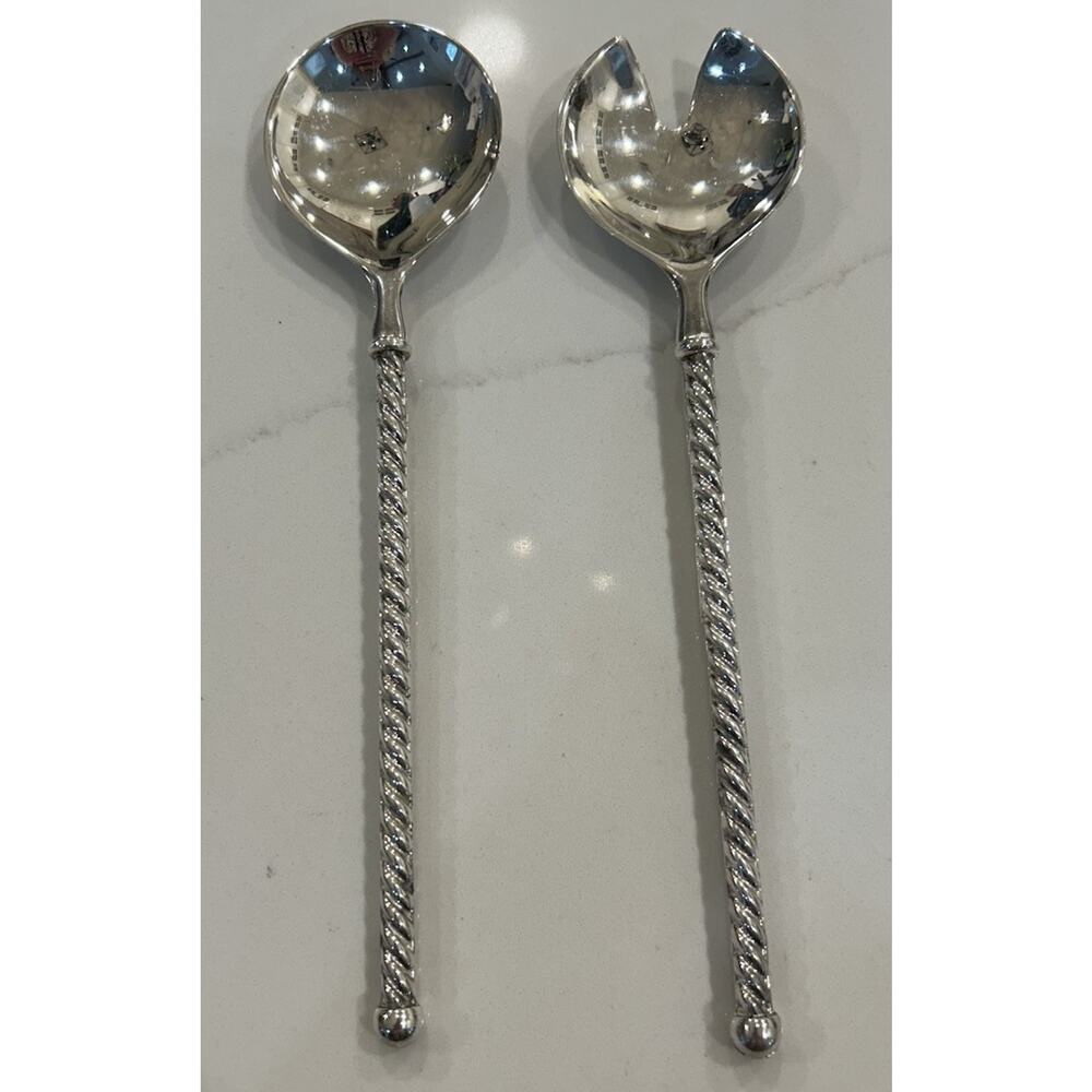 Vtg EP ZINC Italy Serving Salad Spoon and Fork Set Twisted Silverplated 9.5" MCM